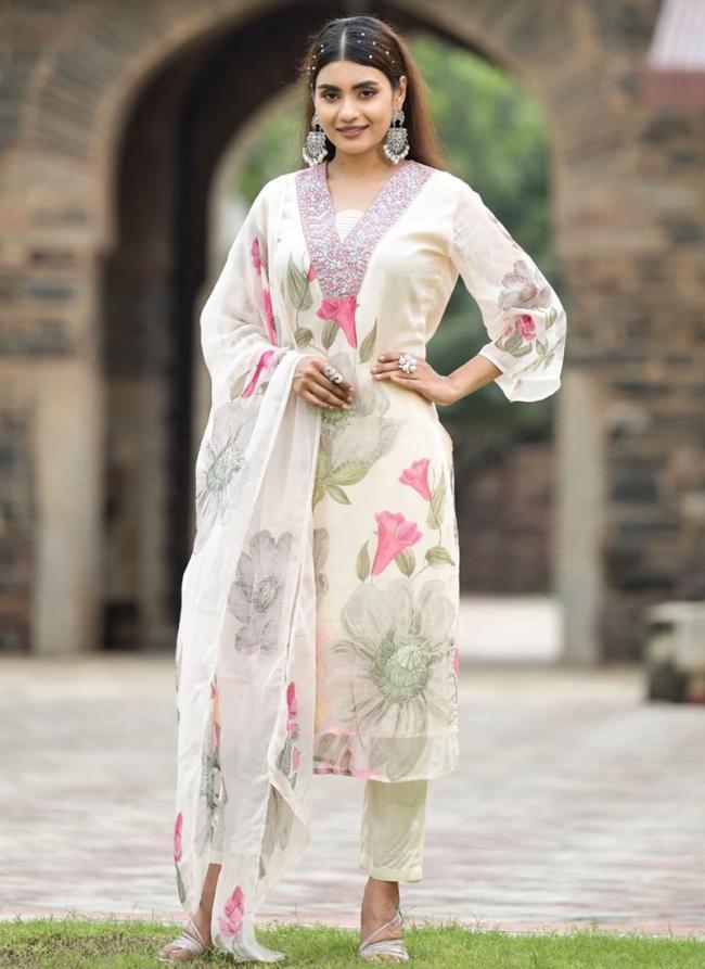 Georgette White Casual Wear Embroidery Work Readymade Suit